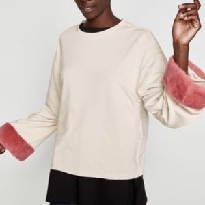 Zara | Tops | Zara Cream Pink Fun Sweatshirt Fuzzy Cuff Size S | Poshmark